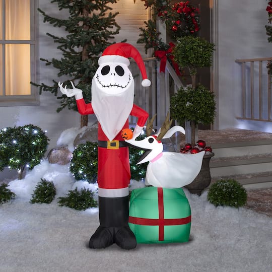 5ft. Airblown® Inflatable Jack Skellington as Santa and Zero Wearing Antlers
